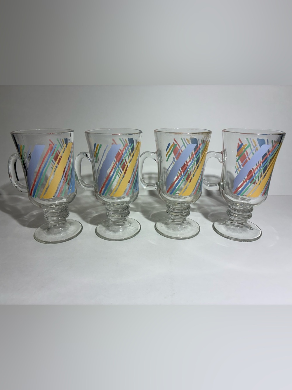 Vintage 1980s Libbey Set of 4 Irish Coffee Glass Mugs Colorful Abstract Stripe
